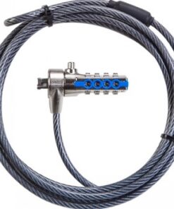 A steel cable lock with a numerical code, featuring a flexible long cord and a metallic finish.