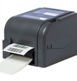 Dark gray sticker backing remover, label tape emerges from the front. Compact and modern design.
