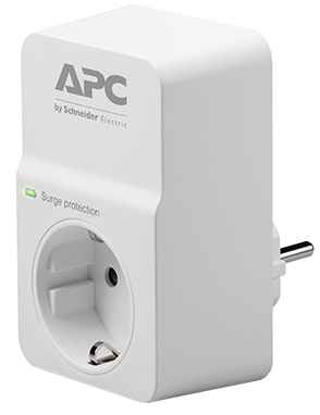 APC Essential SurgeArrest 1 Outlet Surge Protector 230V White APC-branded surge protector with one outlet and a green LED light, side profile.