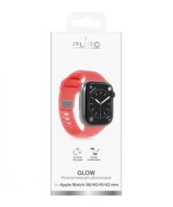 Orange glowing silicone Apple Watch band in its packaging, size 38-42 mm.