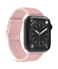 Pink nylon band for Apple Watch, flexible and minimalist design, white background.