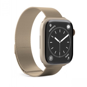 Champagne-colored Milanese steel strap, attached to an Apple Watch, viewed from the side.