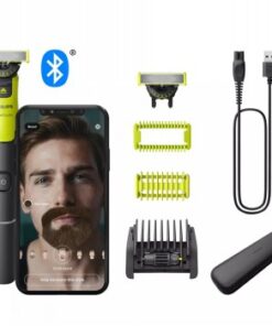 Philips OneBlade 360 trimmer, including replacement blades, protective case, charging cable, and smartphone with connection monitor.