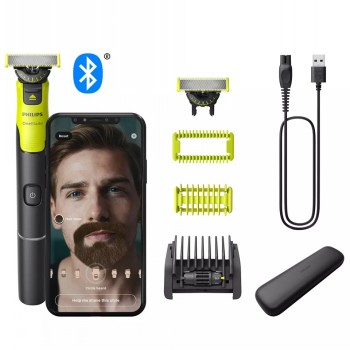 Philips OneBlade 360 trimmer, including replacement blades, protective case, charging cable, and smartphone with connection monitor.
