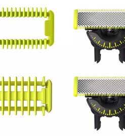 Two Philips OneBlade replacement blades and two yellow protective combs on a white background.