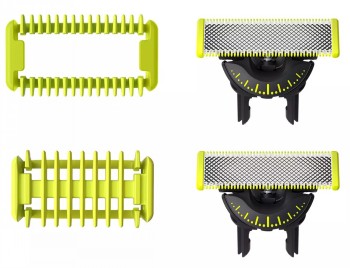 Two Philips OneBlade replacement blades and two yellow protective combs on a white background.