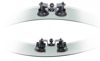 RAM Mounts suction cup mount with flexible arm, B-ball RAM Mounts suction cup mount with a flexible arm and B-size ball, attached to a glass surface.