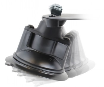 RAM Mounts suction cup mount with a flexible arm, B-size Black RAM Mounts suction cup mount with a flexible arm and B-size ball, side profile.