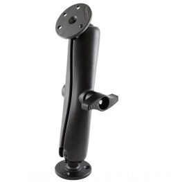 Long black RAM Mounts mounting arm with two round 2.25-inch D-size ball bases, depicted from edge and side views...
