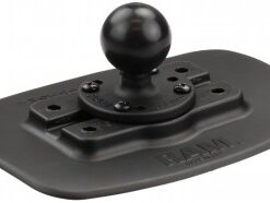 A black metal RAM Mounts Bond-A-Base attachment base with a 1.5-inch C-size ball, back t...