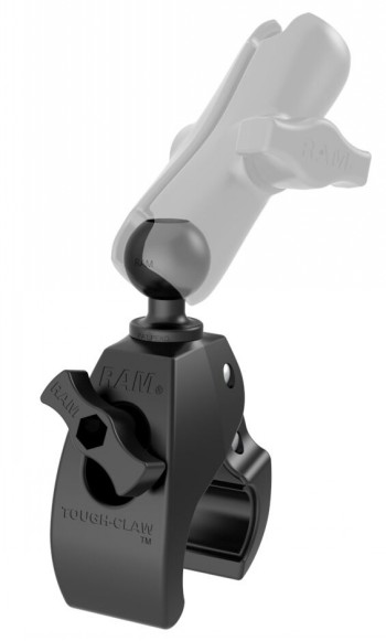 RAM Mounts Tough Claw small clamp with B-size ball RAM Mounts Tough Claw small clamp with B-size 1.0-inch ball, black frame, and adjustable arm.