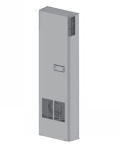 A slim grey air conditioner in a vertical position, with visible ventilation slots at the bottom.
