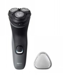 Philips gray and black rechargeable shaver with five rotating blade units and an accessory.