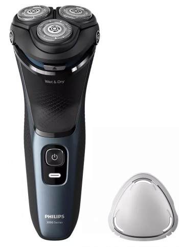 Philips Series 3000 5D Pivot & Flex Shaver Wet & Dry Dark navy blue Philips Series 3000 shaver with three rotating blade heads and a black ergonomic handle.
