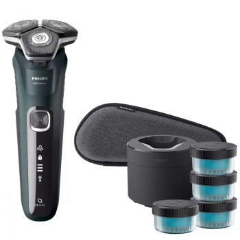 Philips Shaver 5000 razor, black and green, with accessories and charging station.