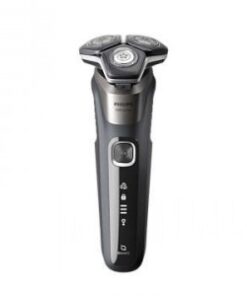 Silver and black Philips shaver with a three-headed shaving head viewed from the front.