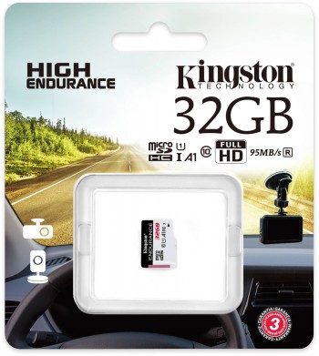 Kingston 32 GB Endurance microSD card for navigation and recording Kingston 32 GB microSD card in packaging, with a dashboard and a road in a landscape in the background.