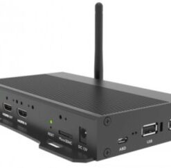 Black UHD player with HDMI input, USB ports, and an antenna on the back, housed in a black metal casing.