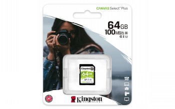 Kingston 64GB SDHC Select memory stick in its packaging, woman holding a camera in the background.