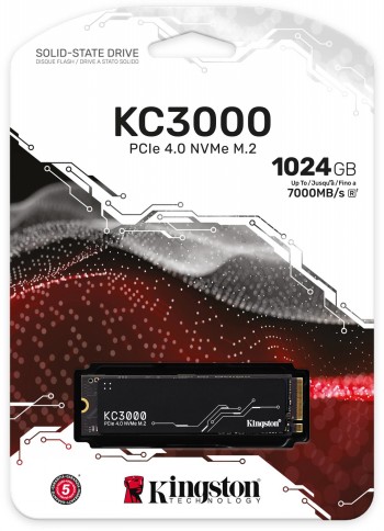 Kingston KC3000 NVMe SSD 1024 GB - Powerful storage solution Kingston KC3000 1024 GB NVMe SSD, black and silver, front view in packaging.