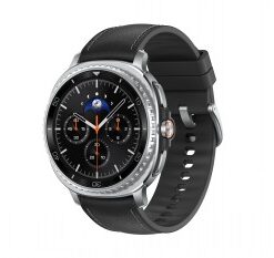 Round black Samsung Galaxy Watch8 Classic smartwatch, silver frame, leather strap.
