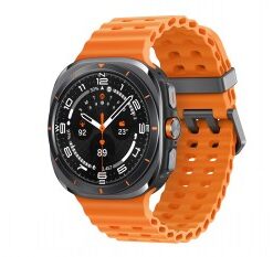 Samsung Galaxy Watch Ultra with an orange strap, gray body, round display, and black watch face.