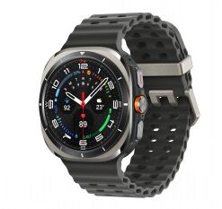 Silver Samsung Galaxy Watch Ultra, round watch face and black strap, photographed from the front and slightly from the side.