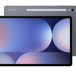 Samsung Galaxy Tab S10+ tablet, moonstone gray color, large display, slim design, camera on the top edge, back side shows...