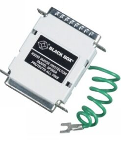 Black Box RS-232 serial communication protector 18VDC, DB25 connector White rectangular RS-232 serial communication protector with green grounding wire and DB25 connectors.