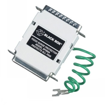 White rectangular RS-232 serial communication protector with green grounding wire and DB25 connectors.