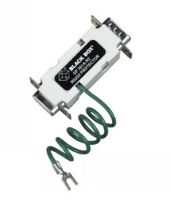 Black Box RS-232 serial surge protector 18V, DB9, 9-wire White Black Box RS-232 serial surge protector with metal connectors and a green grounding wire, folded angle.