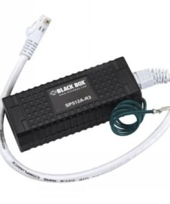 Black Box Ethernet surge protector with RJ-45 connectors A black rectangular Ethernet surge protector with RJ-45 connectors and a white connection cable.