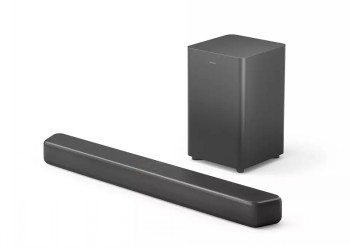 Black Philips B5309 soundbar and its accompanying subwoofer on a white background.