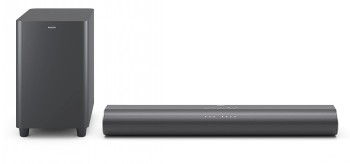 A black Philips B6100 soundbar and separate subwoofer against a white background.