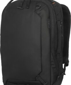 Black Targus Commuter EcoSmart backpack, minimalist design, visible carry handle and zippers.
