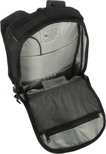 Targus Commuter EcoSmart 16-inch backpack, open design An open black Targus backpack with multiple compartments, gray interior, and a compartment for a laptop.