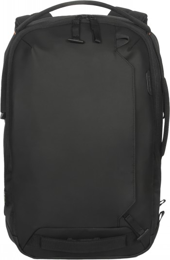 Targus Commuter EcoSmart 16" backpack, stylish and eco-friendly solution. Black Targus Commuter EcoSmart backpack with a modern design and 16-inch compatibility. Front view.