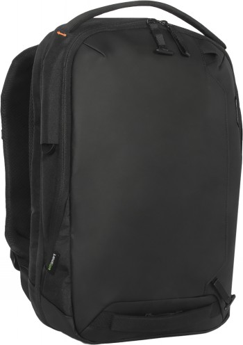 Targus Commuter EcoSmart 16" backpack, stylish black model Black Targus Commuter EcoSmart 16-inch backpack, with shoulder straps and carrying handle visible.