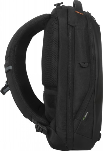 Targus Commuter EcoSmart 16" backpack, black ergonomic model Black Targus Commuter EcoSmart 16-inch backpack side profile. Shows ergonomic shoulder straps and compact desig...