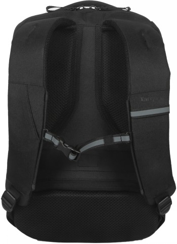 Targus Commuter EcoSmart 16-inch backpack with ergonomic straps Black Targus Commuter EcoSmart backpack, ergonomic padded shoulder straps and breathable back panel, pictured from the back.