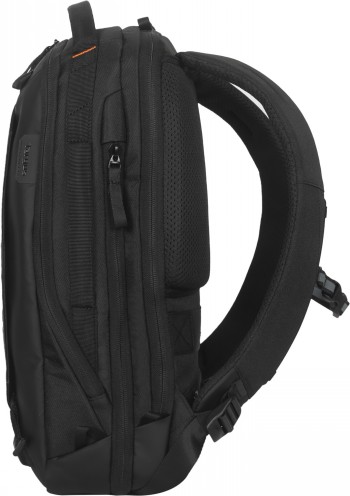 Targus Commuter EcoSmart 16" backpack - a stylish and practical choice. Black backpack in side profile, thin padded shoulder straps, multiple pockets, and an orange detail.