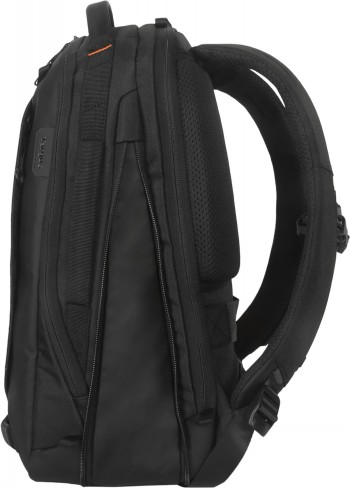 Targus Commuter EcoSmart 16-inch backpack in black, side view Black Targus backpack in a side profile, featuring padded shoulder straps and multiple zippered pockets.