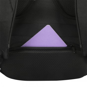Targus Commuter EcoSmart 16" Backpack, Black Black Targus backpack from the EcoSmart series, with a purple object in the back pocket.