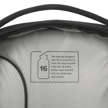 Targus Commuter EcoSmart 16" backpack, spacious interior and recycled materials Black Targus Commuter EcoSmart 16-inch backpack, open at the top. Inside, eco-friendly text and graphics about recycled m...