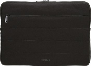 Black Targus Puffer 13-14 inch laptop sleeve with a zipper, front view.