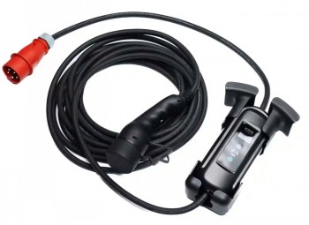 Eload wall mount for charging device - stylish and practical Black Eload wall mount with a long cable and red plug. Compact and modern design.