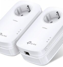 Two white TP-Link TL-PA8010P AV1300 network adapters with pass-through socket and Ethernet port.