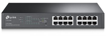 TP-Link TL-SG1016PE 16-port PoE+ switch for efficient network usage. A black metal TP-Link TL-SG1016PE 16-port PoE+ switch photographed from the front, showing ports and LED indicators...