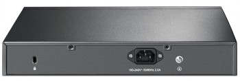 TP-Link TL-SG1016PE 16-port switch with PoE support, rear view TP-Link 16-port PoE+ switch, metal construction, black, rear connections visible.