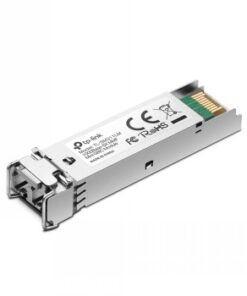 A silver TP-Link SFP module, compact rectangular shape, connection interfaces visible.